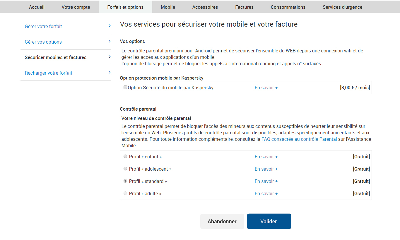 Service Client > Rubrique Forfait et options